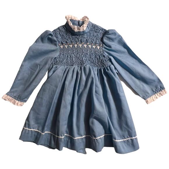 Vintage 80s Baby Blue Dress with Embroidered Front & Lace Detail - Picture 1 of 7